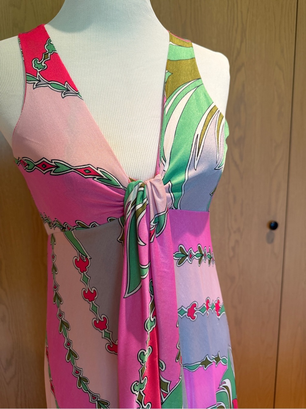 Vintage Saks Fifth Avenue 1970s Pink Green Halter Maxi Dress Sz 8 - Picture 3 of 13